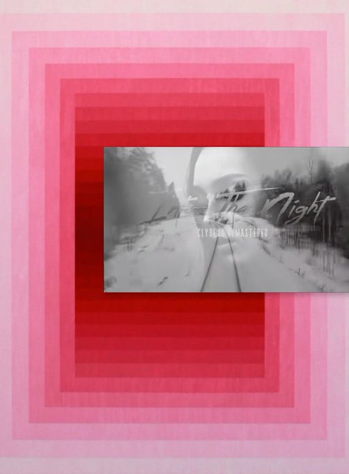 An album cover featuring pink and red gradient concentric squares surrounding a black-and-white image of a snowy path with trees, overlaid with the text "In the Night" and "CLYDE JAY WMASTFRPD".