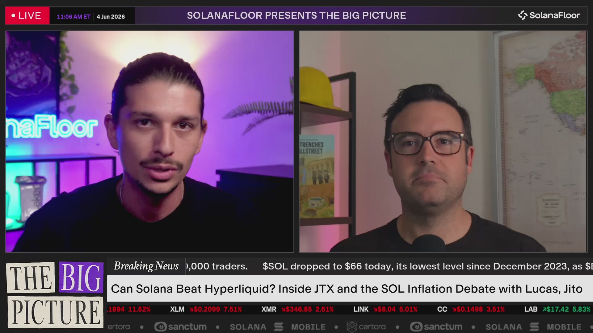 The image shows a TV screen displaying two men talking about a topic related to cryptocurrency, specifically Solana. The first man is wearing glasses and has his hair styled in a ponytail. The second man is also wearing glasses but with a beard. They are both standing next to each other, engaged in conversation. The background of the image features a map of the world, which could be used as a visual aid for their discussion about cryptocurrency and its global impact.