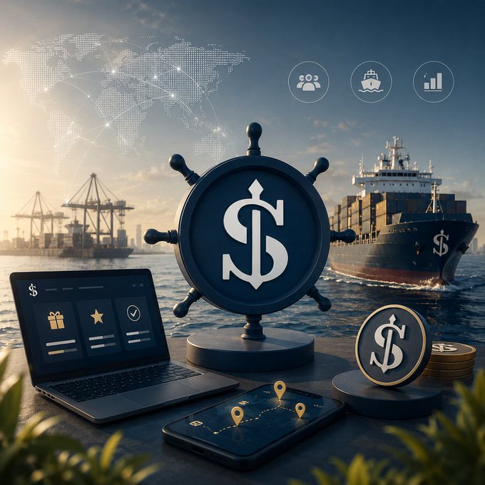 A composite image symbolizing global finance and trade, featuring a ship's wheel with a dollar sign at its center, a container ship, shipping cranes, a laptop, smartphone with route markers, coins, and a world map background.
