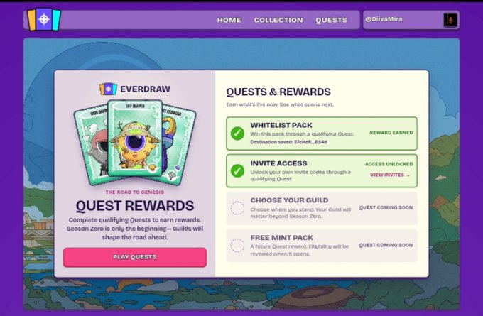 A screenshot of the EverDraw 'QUESTS & REWARDS' webpage showing a 'WHITELIST PACK' as earned and an 'INVITE ACCESS' option, with navigation tabs for HOME, COLLECTION, and QUESTS.
