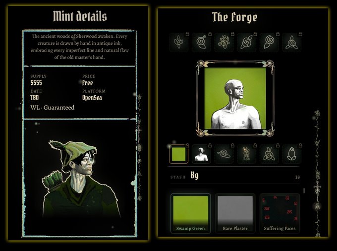 Two digital interface screens for an NFT mint titled "The ancient woods of Sherwood awaken" and "The Forge," showing details like supply 5555, free price, OpenSea platform, and a character with "Swamp Green" attributes.
