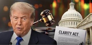 This image depicts Donald Trump alongside a gavel and a document titled "CLARITY ACT," with the Capitol Building in the background, suggesting a connection to potential legislation impacting markets like $LUNC, $XRP, and $BTC.