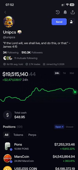 Trading app profile for 'Unipcs @unipcs' showing 510.3K followers, a portfolio value of $19,515,140, and positions including Pons ($7.25M), MarsCoin ($4.54M), and USELESS COIN ($4.19M).