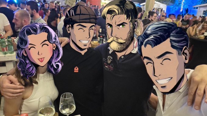 Four friends pose together at a lively social gathering, with cartoonish illustrated faces digitally overlaid on their heads—each stylized character has distinct features like purple hair, a beanie, a beard, and slicked-back hair. The image humorously complements the caption's "Mad VIBEZ ON TOP" message, capturing the celebratory mood of the night out with drinks and smiles.