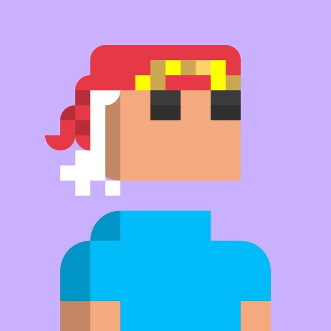 A pixel art character with red hair, sunglasses, and a blue shirt on a purple background. The retro gaming style image pairs with the optimistic post about resolving an OpenSea secondary issue and moving the Funkers NFT project forward.