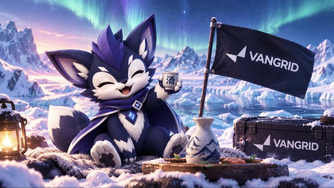 An illustration of a cute, dark blue and white fox-like mascot wearing a scarf and holding a small cup with the Chinese character '酒' (alcohol), posed in a snowy landscape with a flag and case branded with 'VANGRID' logos under an aurora.