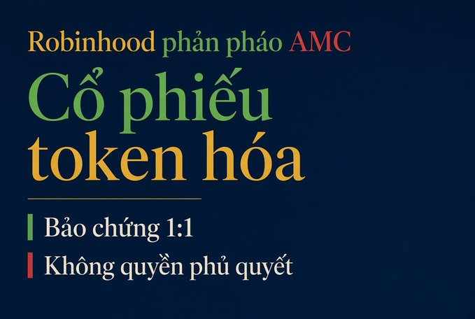 A Vietnamese graphic featuring the headline 'Cổ phiếu token hóa' (Tokenized stocks) with 'Robinhood phân phối AMC' at the top, highlighting features 'Bảo chứng 1:1' (1:1 backing) and 'Không quyền phủ quyết' (No voting rights).