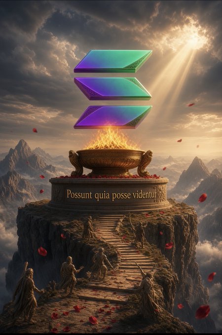 A fantasy digital artwork showing the Solana logo (three stacked diamonds) floating above a flaming golden chalice on a mountain peak, with the Latin phrase 'Possunt quia posse videntur' inscribed on the pedestal, and small figures climbing stone steps amid falling rose petals.