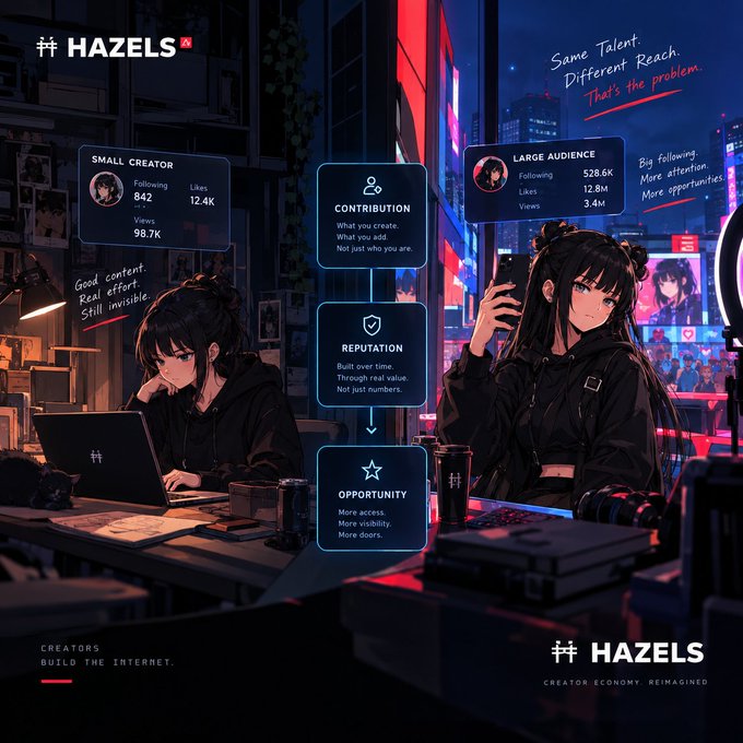 A promotional graphic for "HAZELS" featuring an anime-style creator, contrasting a small creator with 842 followers against a large audience of 528.6K, with text noting "Same Talent. Different Reach. That's the problem." and tags like "CONTRIBUTION," "REPUTATION," and "OPPORTUNITY."