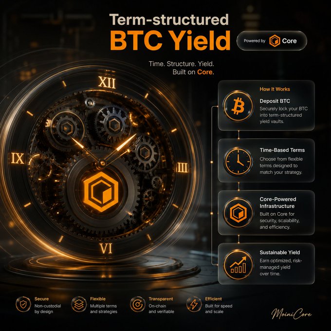 The image features an orange clock with black gears inside of it. Below the clock are six bullet points explaining the term-structured nature of BTC yield, including details about its core components and how they work together. The main focus of this post is on the clock itself, which serves as a visual representation of the concept being discussed in the image.