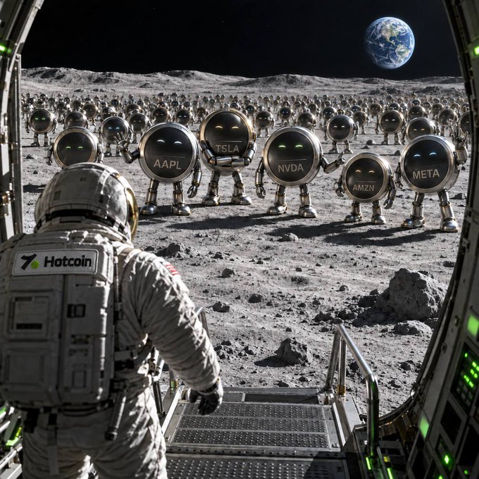 AI-generated sci-fi image of an astronaut viewing the lunar surface, where robot figures display ticker symbols TSLA, AAPL, NVDA, AMZN, and META; the astronaut's backpack reads '7 Hatcoin'.