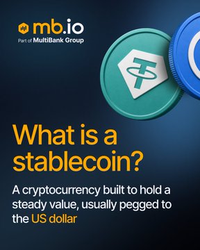 An mb.io graphic asking 'What is a stablecoin?' and defining it as 'A cryptocurrency built to hold a steady value, usually pegged to the US dollar,' featuring Tether and USDC coins.