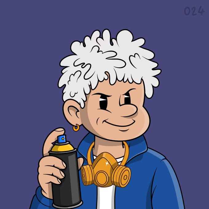 A cartoon illustration of a person with fluffy white hair, a gold earring, and a gas mask around their neck, holding a black spray paint can against a dark blue background with '024' in the corner.