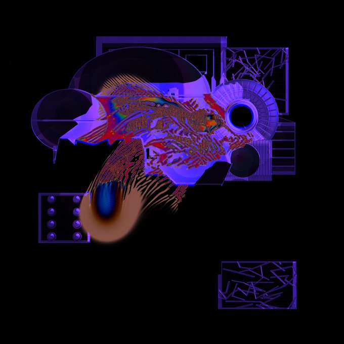 An abstract digital artwork featuring iridescent, bird-like or dragon-like forms in purple, pink, and rainbow hues against a black background, composed of geometric shapes and wing-like structures.