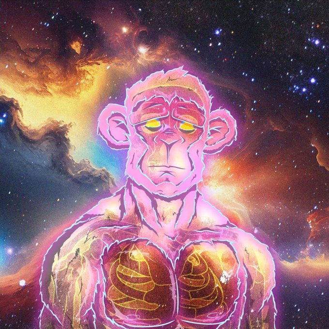 A vibrant digital illustration of a glowing pink, translucent muscular monkey with yellow eyes set against a colorful cosmic nebula background filled with stars.