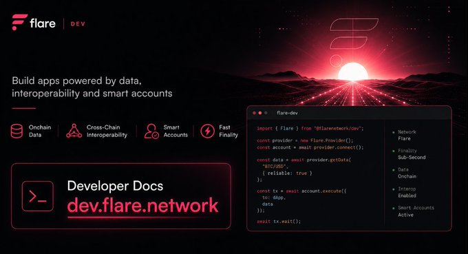 A promotional banner for 'flare DEV' displaying code snippets and text about building apps with onchain data, cross-chain interoperability, and smart accounts, directing to dev.flare.network.