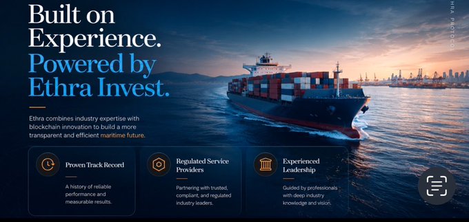 A website banner for Ethra Invest featuring a large cargo ship at sea with text "Built on Experience. Powered by Ethra Invest." and sections highlighting proven track record, regulated service providers, and experienced leadership.
