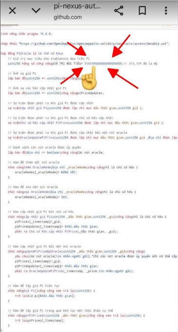 The image displays a code snippet from a GitHub repository for "pi-nexus-autonomous-currency," showing Solidity smart contract code with arrows highlighting a uint256 variable set to 314,159,000,000,000,000 — a reference to Pi (π). The hand-pointing emoji and annotations draw attention to this specific numeric value, playfully tying into the post's celebration of Pi Network's milestone numbers.
