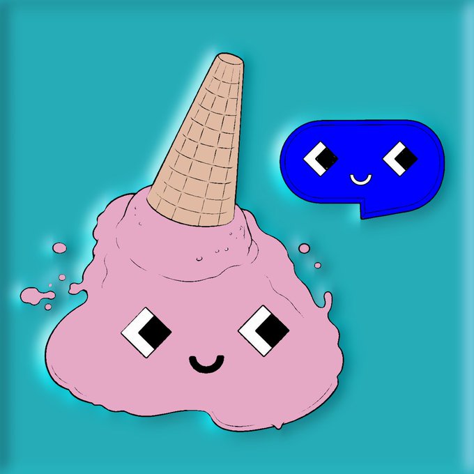A cartoon illustration of a pink ice cream cone with a waffle cone top, featuring a smiling face, accompanied by a blue speech bubble character with a happy expression on a teal background.