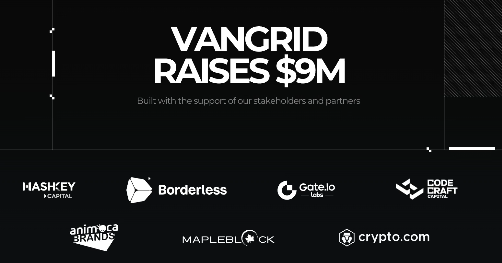 A black promotional banner announces 'VANGRID RAISES $9M' with the subtitle 'Built with the support of our stakeholders and partners,' displaying logos of backers including HashKey Capital, Borderless, Gate.io Labs, Code & Craft, Animoca Brands, Mapleblock, and Crypto.com.