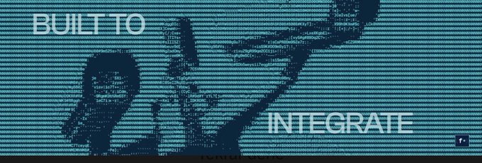 A retro-style digital display with horizontal scanlines showing the text "BUILT TO INTEGRATE" over a pixelated image.