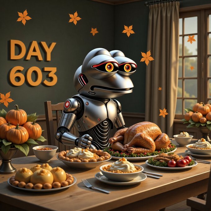 An AI-generated image shows a silver robot sitting at a Thanksgiving table with a turkey, pumpkin pie, and mashed potatoes, labeled "DAY 603" with autumn leaves on the wall.