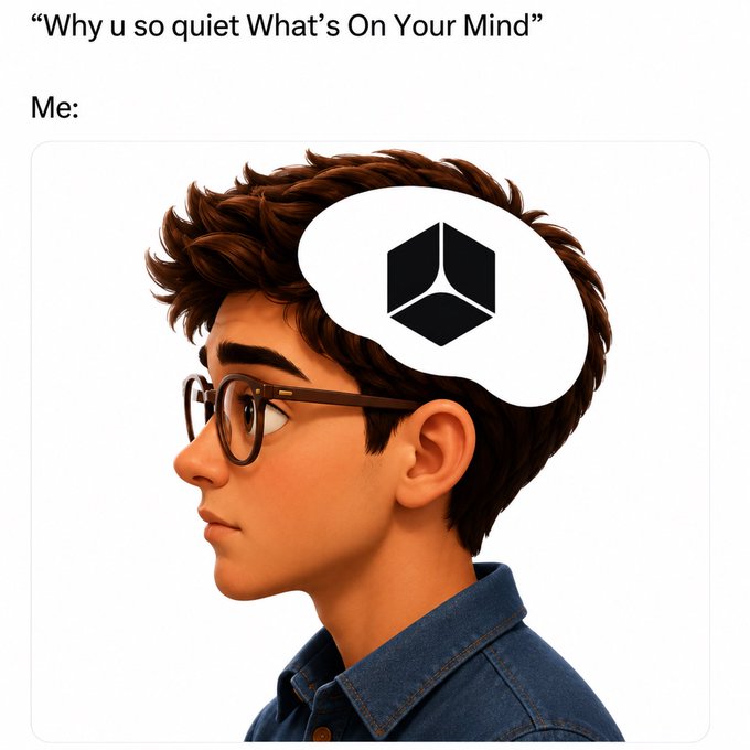 Meme with text 'Why u so quiet What's On Your Mind' and 'Me:' showing a 3D rendered young man with glasses thinking about a hexagonal crypto logo (OctaSpace).