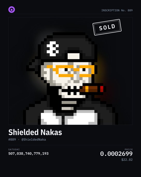 A screenshot of a digital art marketplace displaying a pixel art NFT titled 'Shielded Nakas' (Inscription No. 889), which is marked as 'SOLD' for 0.0002699 SATOSHI.