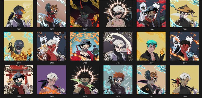 A grid of 18 numbered anime-style character NFTs (labeled 2447–2456) showcases unique designs, offering a preview of the limited collection available during the project's whitelist minting phase.