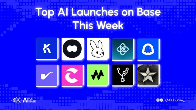A blue promotional graphic reads “Top AI Launches on Base This Week” and displays 10 project logos. It accompanies a post listing weekly AI launches on @base, including KorProtocol (KORUS), usdctofiat (tokensto.cash), and officialbunnyos (Bunny Open Society).