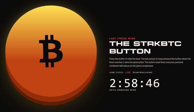 A promotional graphic for 'THE STAKBTC BUTTON' game showing a large orange Bitcoin logo button, with text explaining the rules and a live countdown timer at 2:58:46.