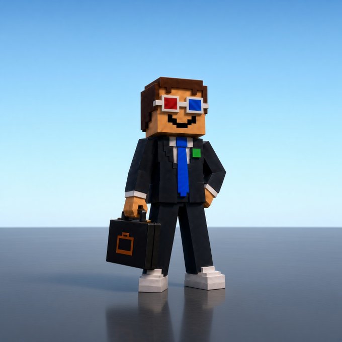A 3D rendered voxel-style character in a black business suit with a blue tie and 3D glasses stands holding a briefcase against a blue gradient background.