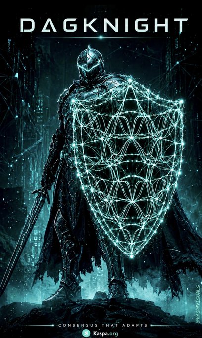 A dark fantasy poster titled 'DAGKNIGHT' showing an armored knight holding a glowing blue shield with geometric patterns and a sword, with tagline 'CONSENSUS THAT ADAPTS' and 'Kaspa.org' at the bottom, credited to 'MGWIGUALS'.