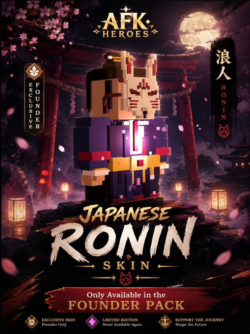 A promotional graphic for the game 'AFK Heroes' advertises a 'JAPANESE RONIN SKIN' available exclusively in the 'FOUNDER PACK', featuring a voxel-style character in samurai armor.
