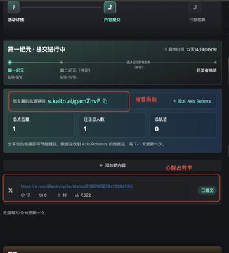 A dark-themed interface displays a Binance referral submission page in Chinese, showing the referral code 's.kaito.ai/qamZnVF' with status indicating '已提交' (submitted).