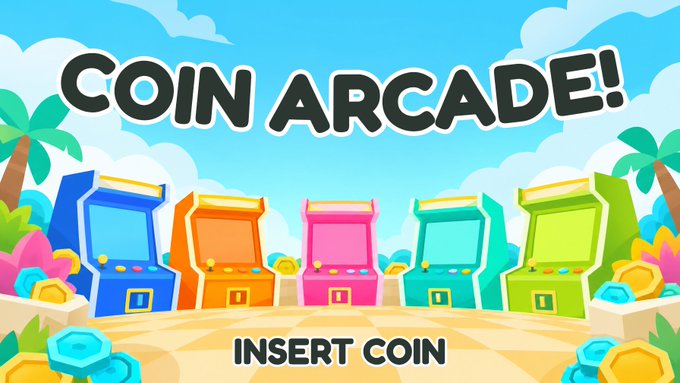 A vibrant "COIN ARCADE!" title screen displays five colorful arcade machines lined up on a sandy beach with palm trees, blue skies, and scattered coins, featuring "INSERT COIN" text at the bottom. The tropical arcade setting visually represents the game's pet-run arcade system where players collect coins through their working pets and open boss chests.
