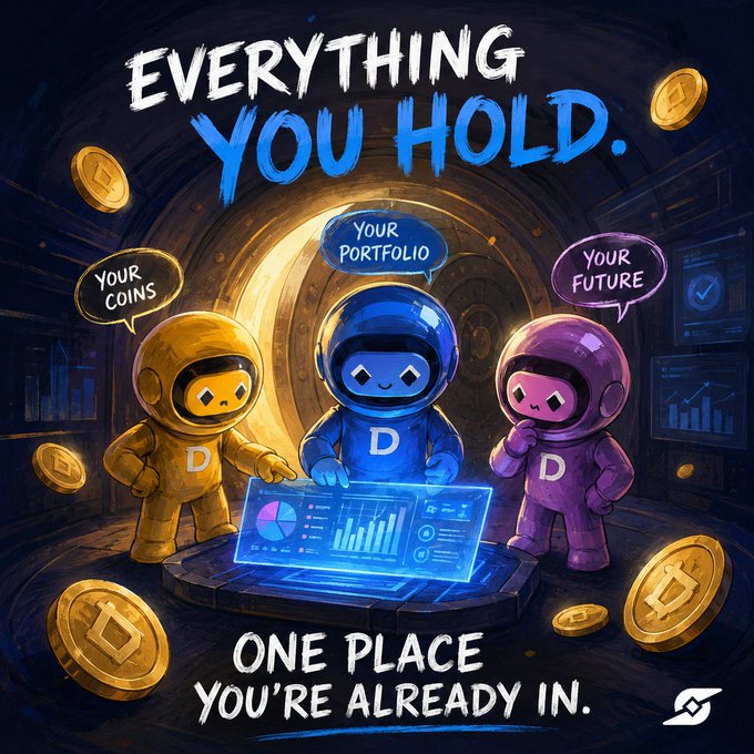 A colorful cartoon-style promotional image with the text "EVERYTHING YOU HOLD. ONE PLACE YOU'RE ALREADY IN." featuring three astronauts labeled with "D" representing coins, portfolio, and future, looking at a holographic dashboard surrounded by crypto coins.