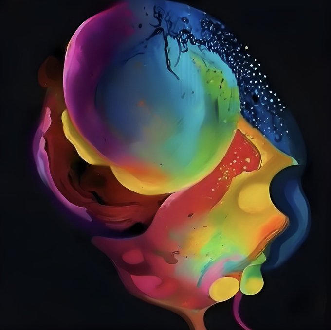 An abstract digital artwork featuring a vibrant, swirling mix of rainbow colors including red, blue, yellow, green, and purple blending together on a black background.