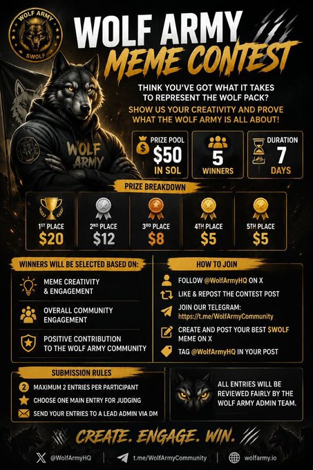 This image is a promotional poster for the "Wolf Army Meme Contest," announcing a $50 SOL prize pool to be split among 5 winners. It provides entry instructions, including tagging @WolfArmyHQ on X, and details the prize breakdown ranging from $20 for 1st place down to $5 for 5th place.