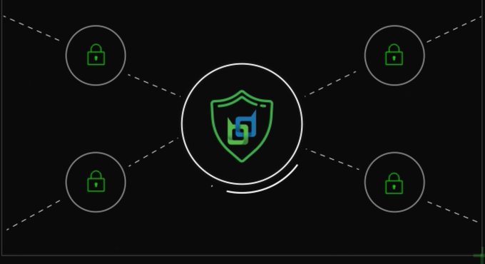 A diagram showing a central green and blue shield lock icon connected by dashed lines to four surrounding lock icons, representing a secure network.