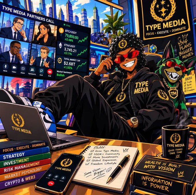 A colorful cartoon-style illustration for 'TYPE MEDIA' showing a confident figure on a video call, with financial terms like 'BTC/USDT', 'ETH/USDT', 'TOTAL MARKET CAP', 'STRATEGY', and 'INVESTMENT' visible on screens and books.