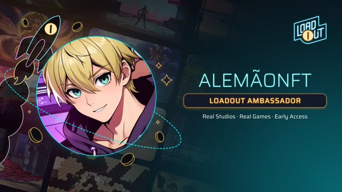 Promotional graphic for 'ALEMÃONFT' as a Loadout Ambassador for Real Studios, featuring an anime character with blonde hair and blue eyes alongside the Loadout game logo.