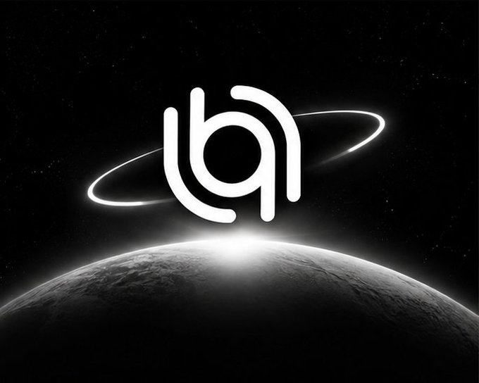 A minimalist white logo resembling a stylized 'b' or planet with rings, set against a black starry background above the curve of a planet's horizon.