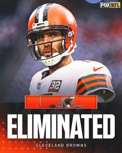 A Fox NFL graphic shows a Cleveland Browns player in a helmet with the word 'ELIMINATED' prominently displayed over his image.