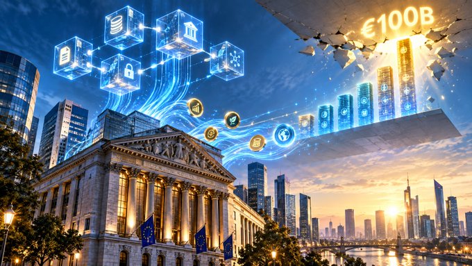 A digital artwork depicting a classical European building, likely a bank, with a column of glowing blue cubes containing financial icons (databases, banks, locks) floating above, while money breaks through the ceiling showing '€100B' against a modern city skyline at sunset.
