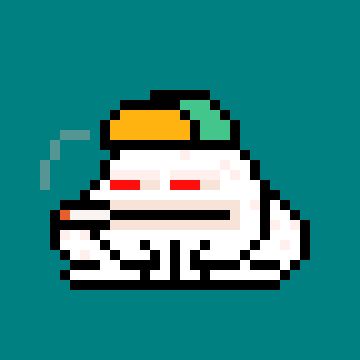 A pixel art depiction of a small white character wearing a colorful cap, smoking a cigarette with red eyes, set against a teal background.