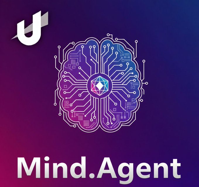 A stylized graphic of a circuit-board brain with a 20-sided die at its center sits against a purple gradient background, with a "U"-shaped logo in the top-left corner and the text "Mind.Agent" displayed below—promoting the domain mind.agent from Unstoppable Domains ahead of its ICANN reveal.