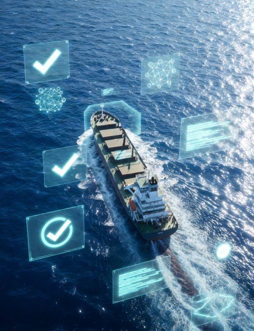 A digital illustration of a cargo ship sailing on the ocean, surrounded by floating holographic interface panels displaying checkmarks, network graphs, and document icons.