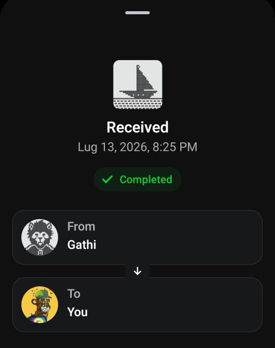 A mobile app screenshot showing a completed transaction dated 'Lug 13, 2026, 8:25 PM' for a Bored Ape Yacht Club NFT, sent from 'Gathi' to 'You'.