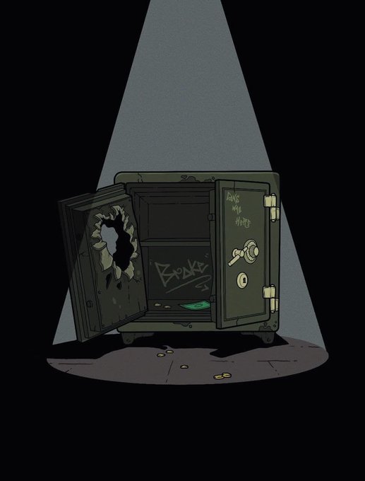 An illustration of a broken open safe illuminated by a spotlight in darkness, with a green banknote inside and graffiti like 'BANG!' and 'BOOM' on the door.